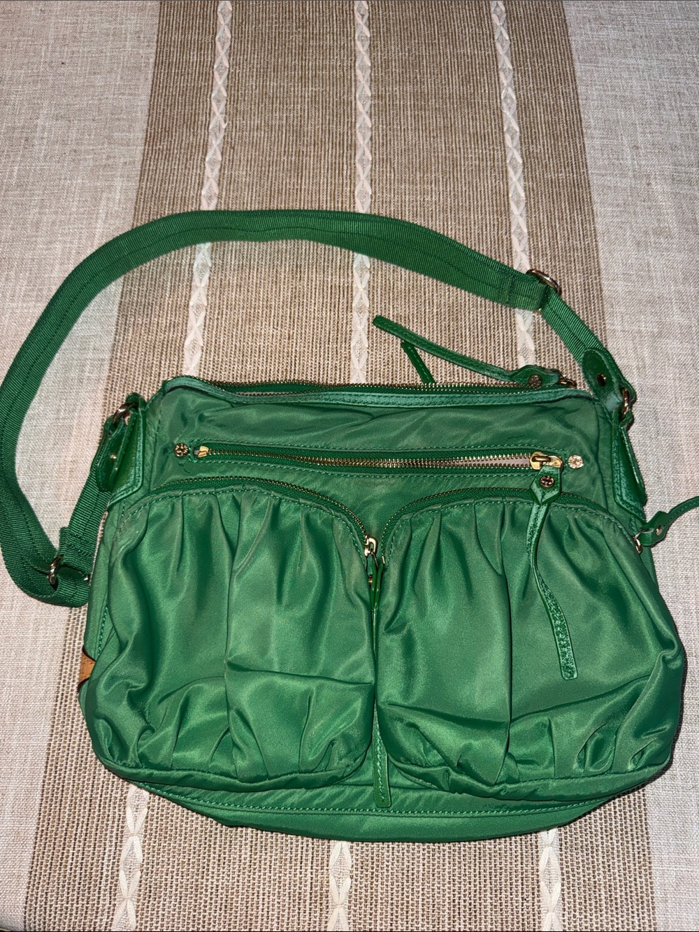 MZ Wallace Green Quilted Nylon Crossbody Bag with Gold Hardware